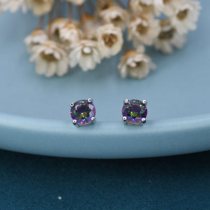 Mystic Black CZ Stud Earrings in Sterling Silver, 5mm Brilliant Cut AB Crystal Earrings, Birthstone