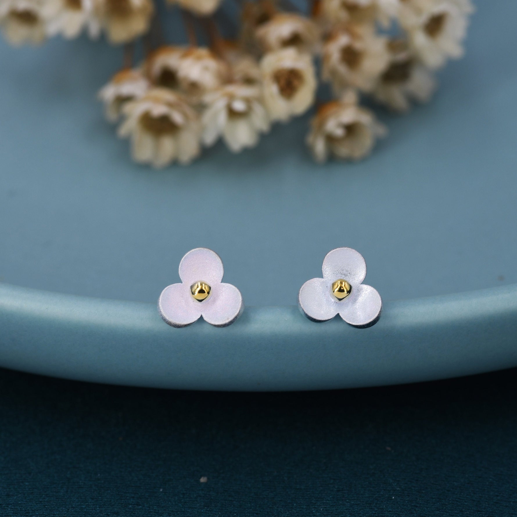 Flower stud earrings in Sterling Silver, Three Petal Flower Earrings, Blossom Stud, Nature Inspired