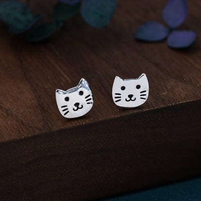 Cute Little Cat Stud Earrings in Sterling Silver - Kawai Cat - Animal Stud Earrings - Cute, Fun, Whimsical, Cat Earrings