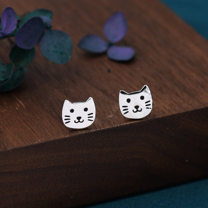 Cute Little Cat Stud Earrings in Sterling Silver - Kawai Cat - Animal Stud Earrings - Cute, Fun, Whimsical, Cat Earrings