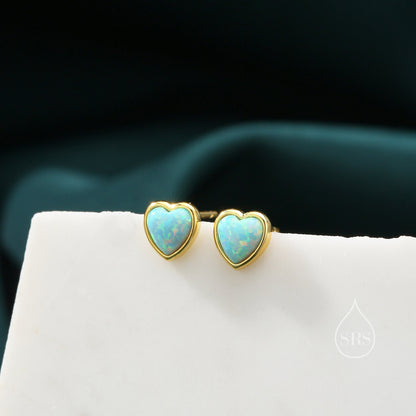 Green Opal Heart Stud Earrings in Sterling Silver, Opal Heart Earrings, Silver or Gold,  Heart Earrings, Aqua Green Blue Opal Earrings