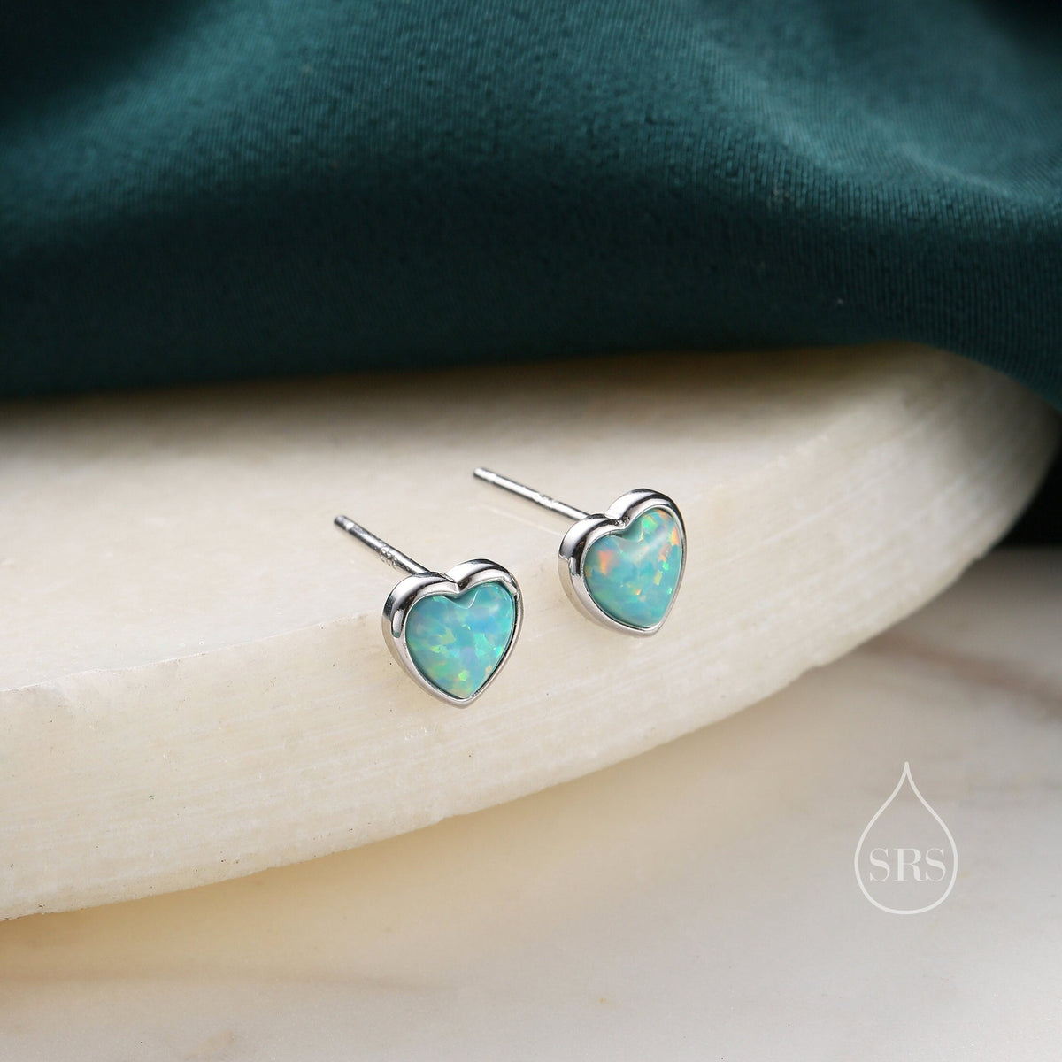 Green Opal Heart Stud Earrings in Sterling Silver, Opal Heart Earrings, Silver or Gold, Heart Earrings, Aqua Green Blue Opal Earrings