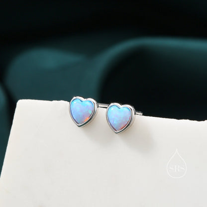 Blue Opal Heart Stud Earrings in Sterling Silver, Opal Heart Earrings, Silver or Gold, Heart Earrings, Aqua Blue Opal Earrings