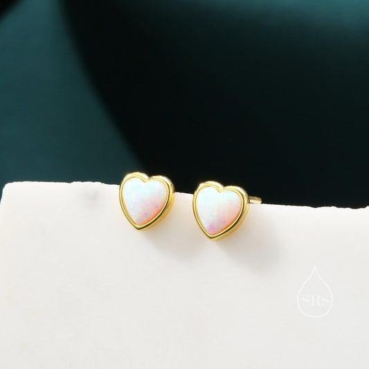 White Opal Heart Stud Earrings in Sterling Silver, Opal Heart Earrings, Silver or Gold,  Heart Earrings, Fire Opal Earrings
