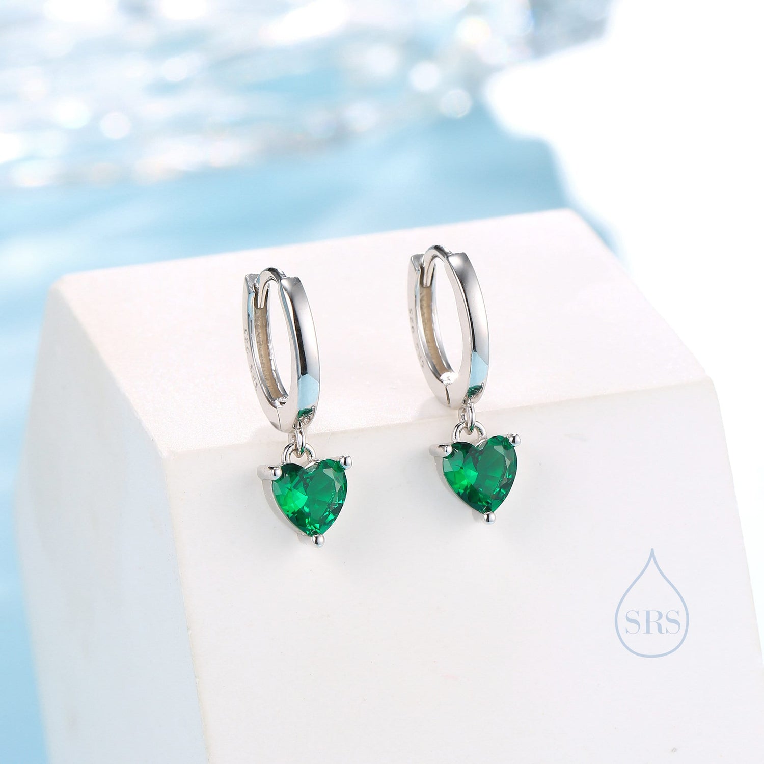 Emerald Green Heart CZ Huggie Hoop in Sterling Silver, Silver or Gold, 8mm Inner Diameter, Stacking Earrings, May Birthstone