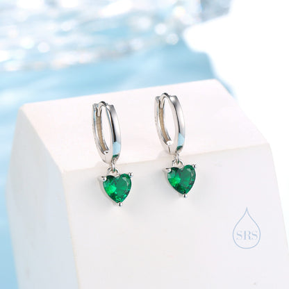 Emerald Green Heart CZ Huggie Hoop in Sterling Silver, Silver or Gold, 8mm Inner Diameter, Stacking Earrings, May Birthstone