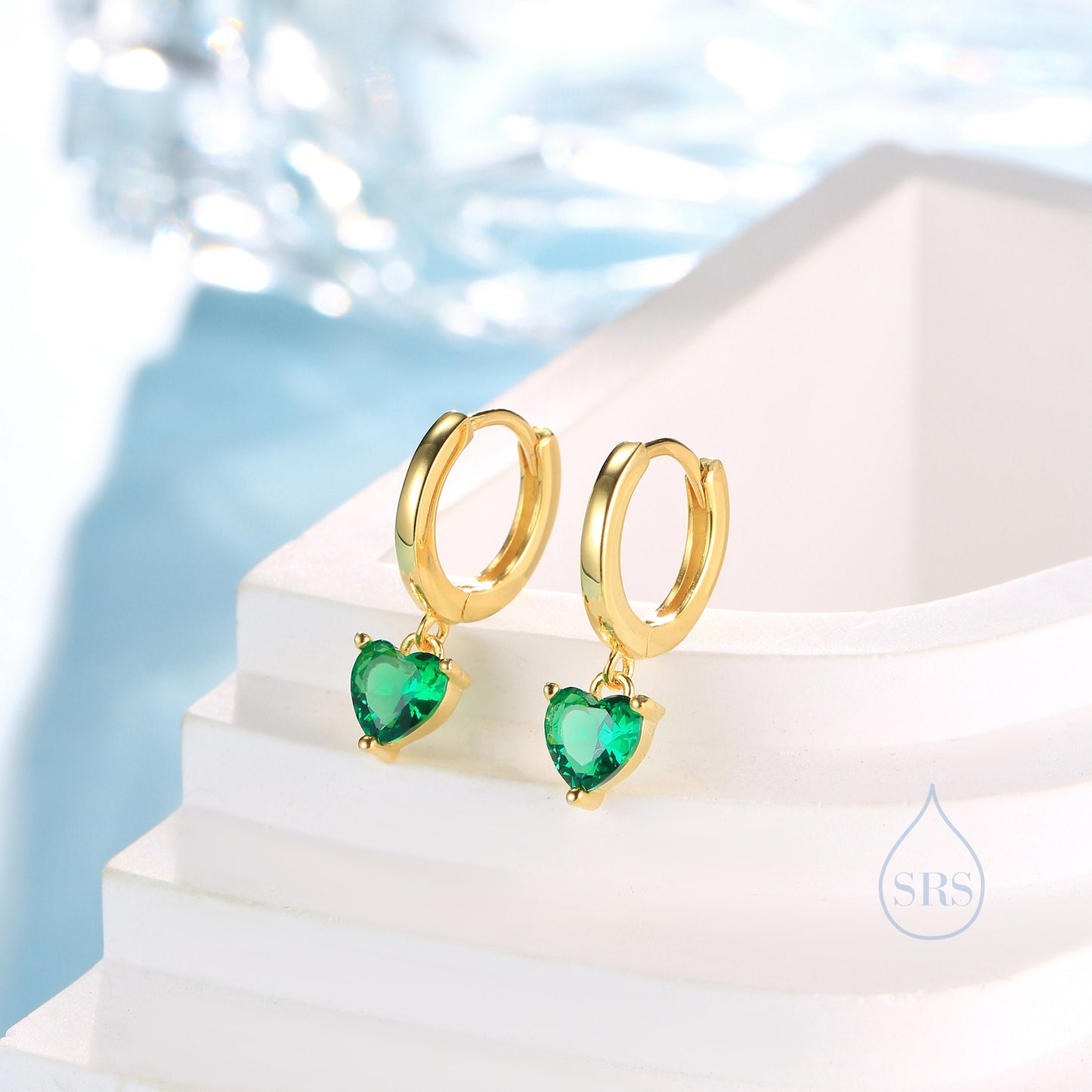 Emerald Green Heart CZ Huggie Hoop in Sterling Silver, Silver or Gold, 8mm Inner Diameter, Stacking Earrings, May Birthstone