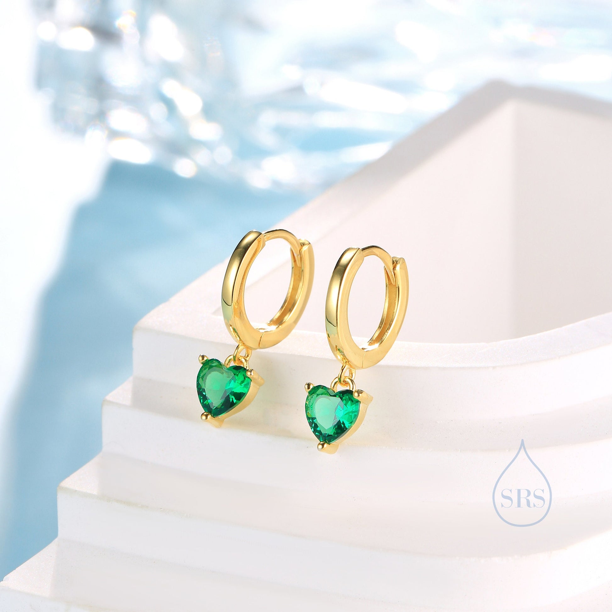 Emerald Green Heart CZ Huggie Hoop in Sterling Silver, Silver or Gold, 8mm Inner Diameter, Stacking Earrings, May Birthstone