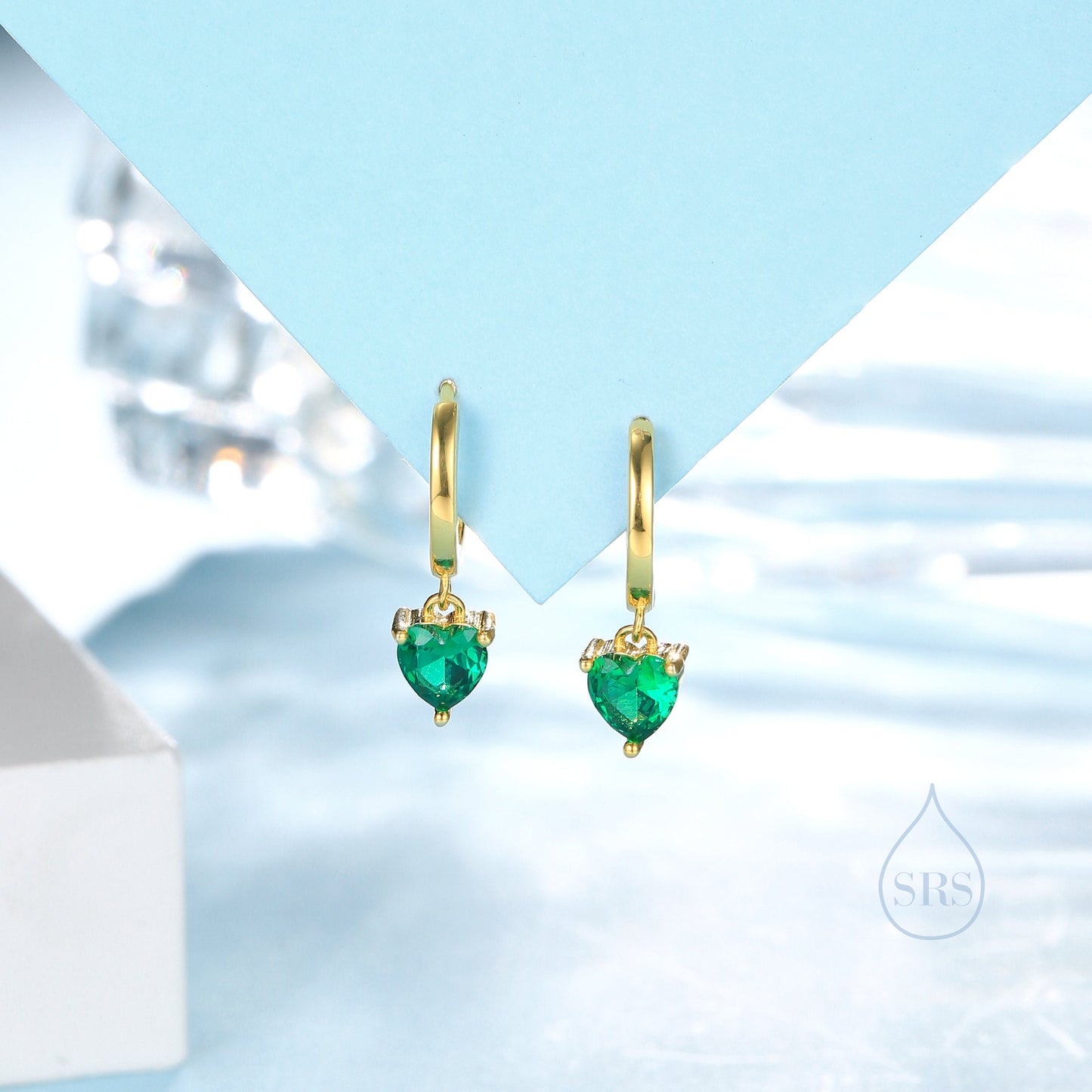 Emerald Green Heart CZ Huggie Hoop in Sterling Silver, Silver or Gold, 8mm Inner Diameter, Stacking Earrings, May Birthstone