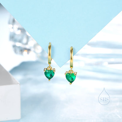 Emerald Green Heart CZ Huggie Hoop in Sterling Silver, Silver or Gold, 8mm Inner Diameter, Stacking Earrings, May Birthstone