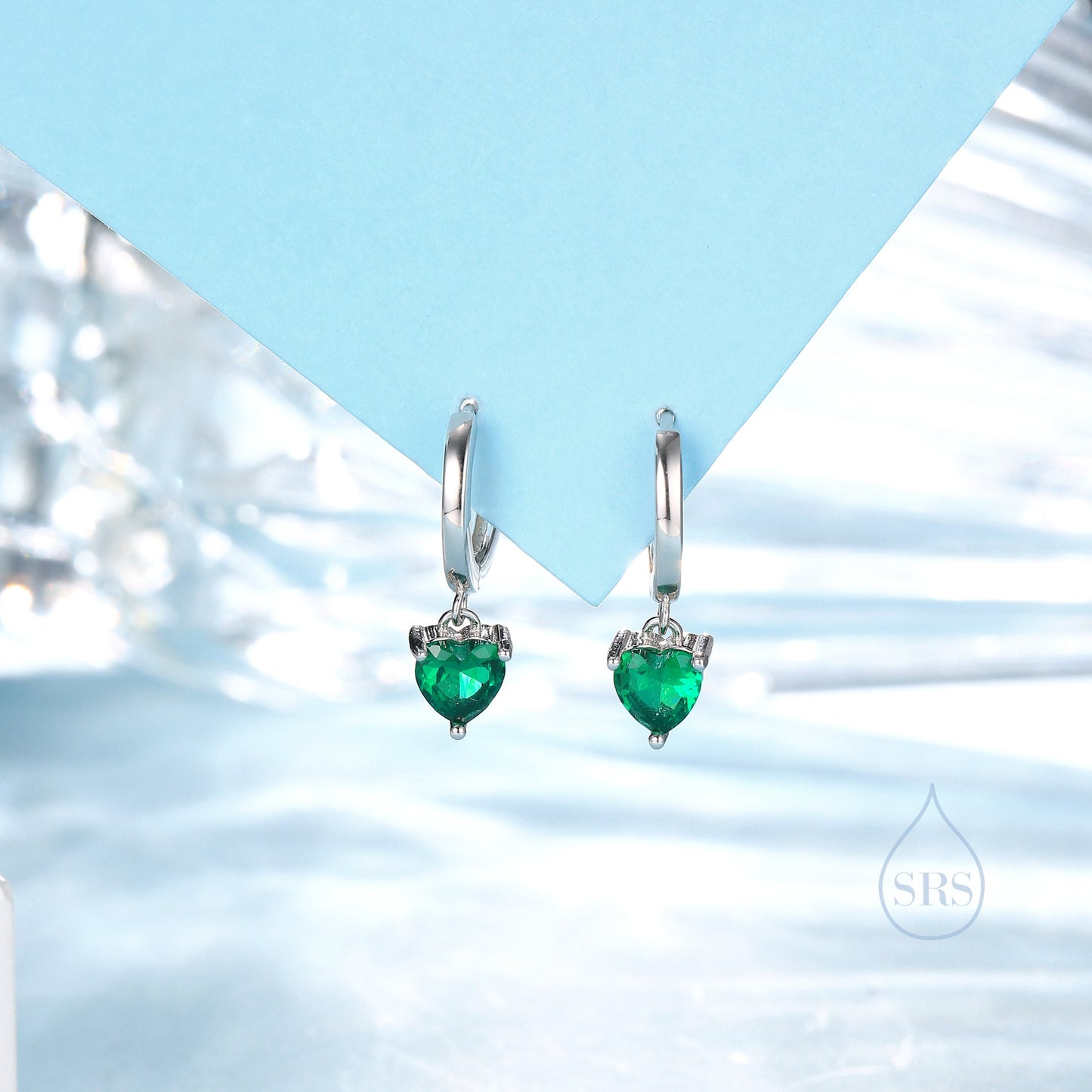 Emerald Green Heart CZ Huggie Hoop in Sterling Silver, Silver or Gold, 8mm Inner Diameter, Stacking Earrings, May Birthstone