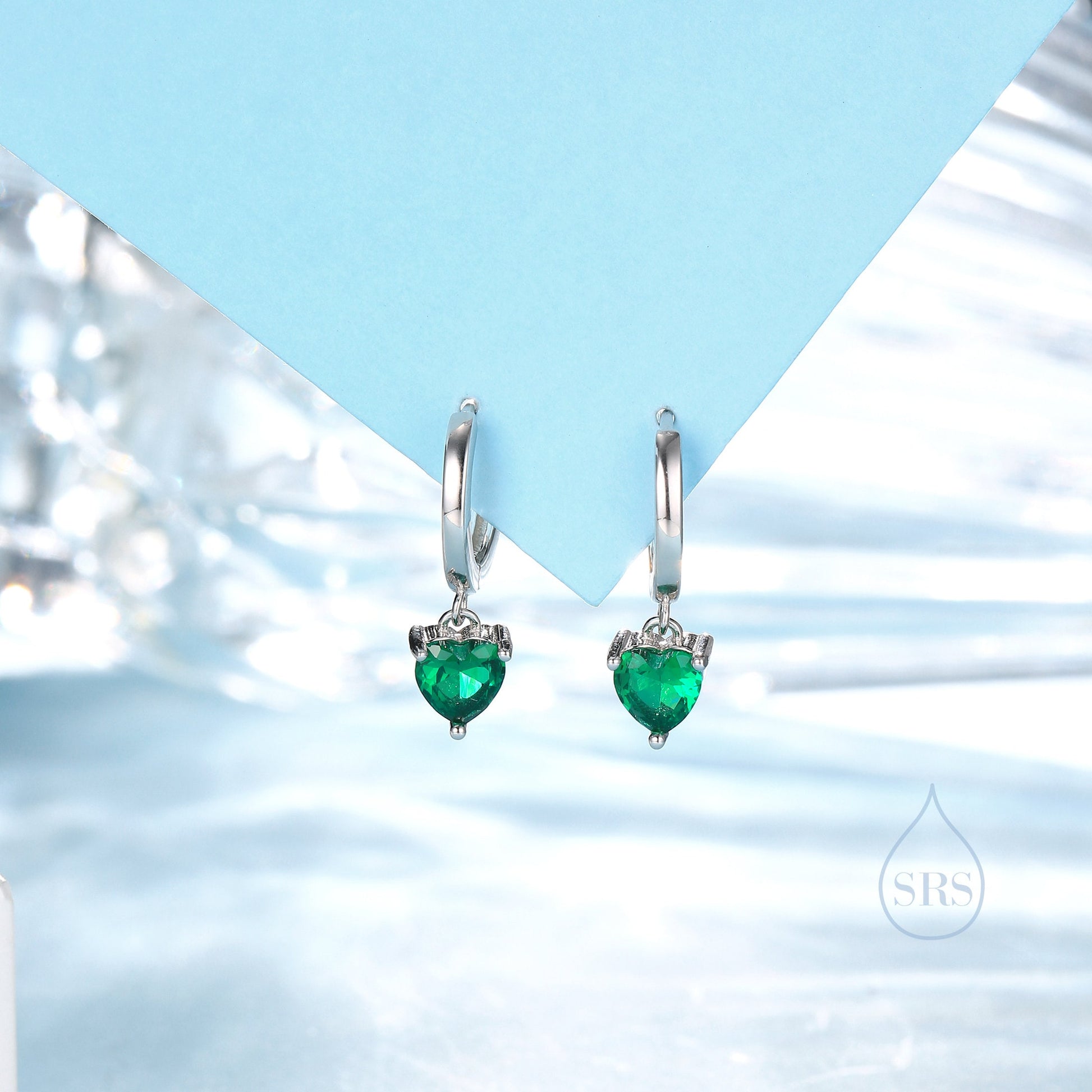 Emerald Green Heart CZ Huggie Hoop in Sterling Silver, Silver or Gold, 8mm Inner Diameter, Stacking Earrings, May Birthstone