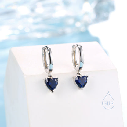 Sapphire Blue Heart CZ Huggie Hoop in Sterling Silver, Silver or Gold, 8mm Inner Diameter, Stacking Earrings, September Birthstone