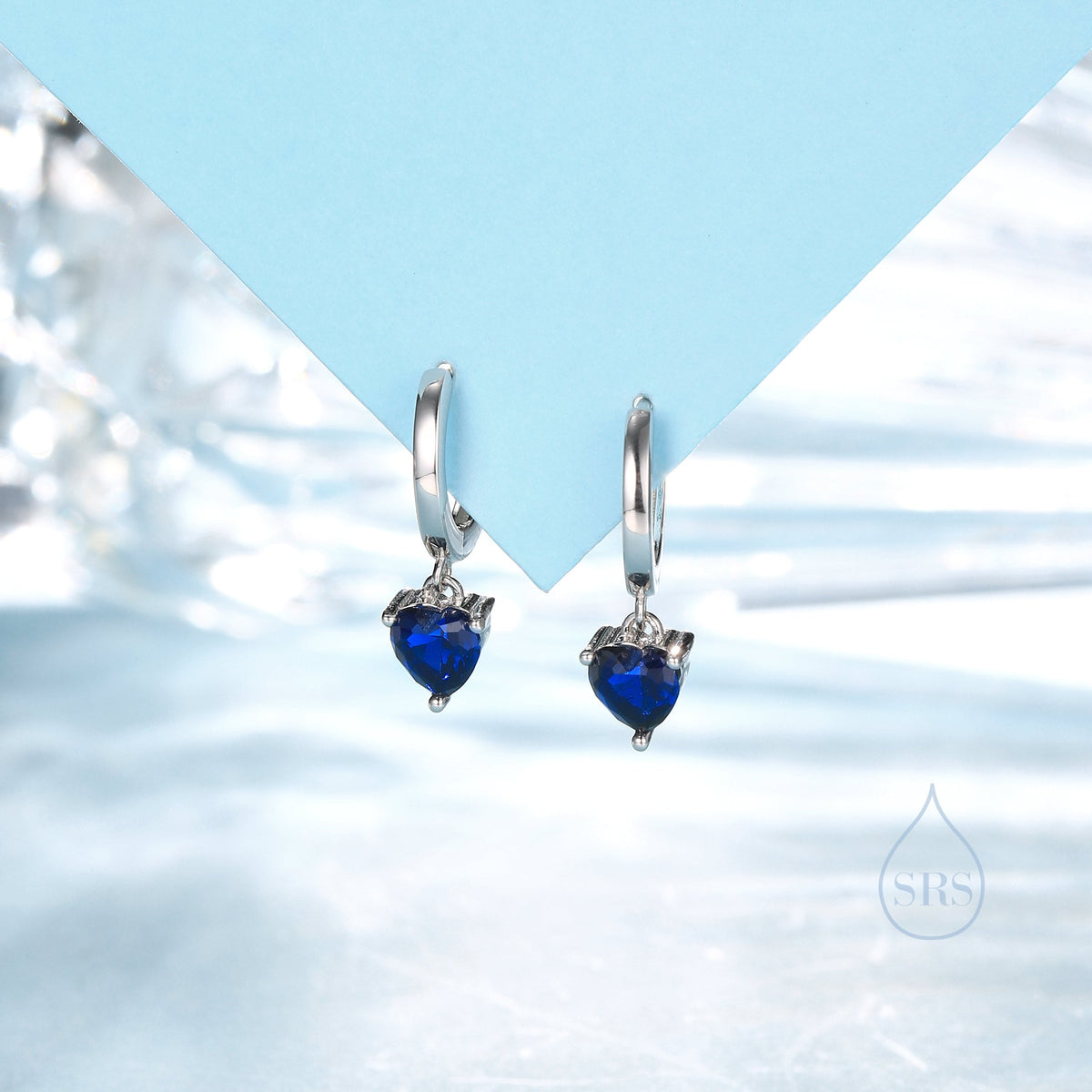Sapphire Blue Heart CZ Huggie Hoop in Sterling Silver, Silver or Gold, 8mm Inner Diameter, Stacking Earrings, September Birthstone