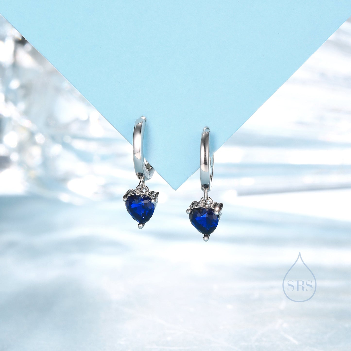 Sapphire Blue Heart CZ Huggie Hoop in Sterling Silver, Silver or Gold, 8mm Inner Diameter, Stacking Earrings, September Birthstone