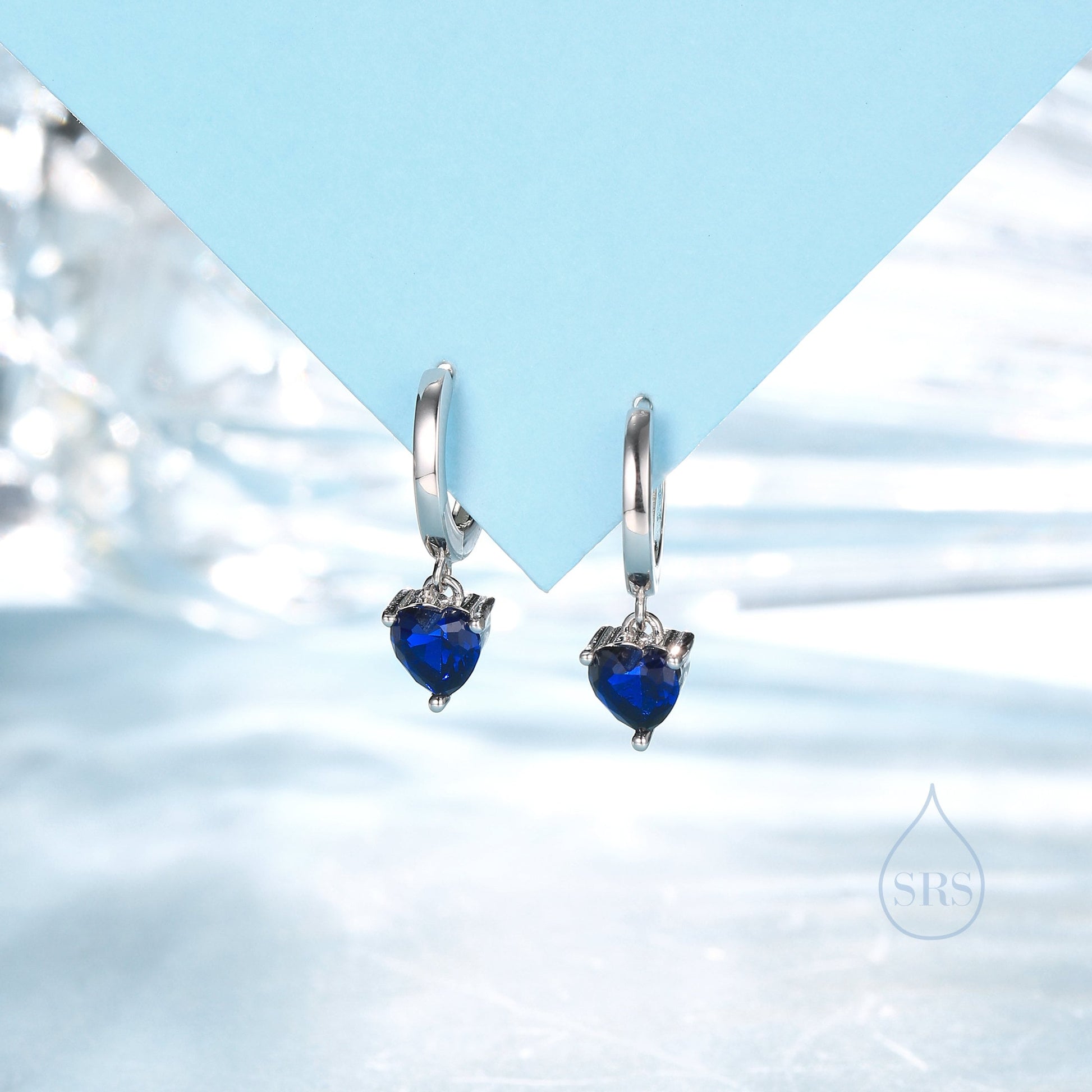 Sapphire Blue Heart CZ Huggie Hoop in Sterling Silver, Silver or Gold, 8mm Inner Diameter, Stacking Earrings, September Birthstone