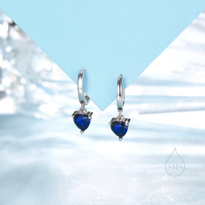 Sapphire Blue Heart CZ Huggie Hoop in Sterling Silver, Silver or Gold, 8mm Inner Diameter, Stacking Earrings, September Birthstone