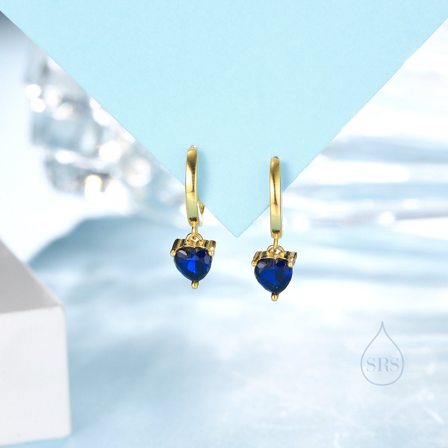 Sapphire Blue Heart CZ Huggie Hoop in Sterling Silver, Silver or Gold, 8mm Inner Diameter, Stacking Earrings, September Birthstone