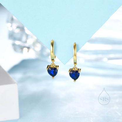 Sapphire Blue Heart CZ Huggie Hoop in Sterling Silver, Silver or Gold, 8mm Inner Diameter, Stacking Earrings, September Birthstone