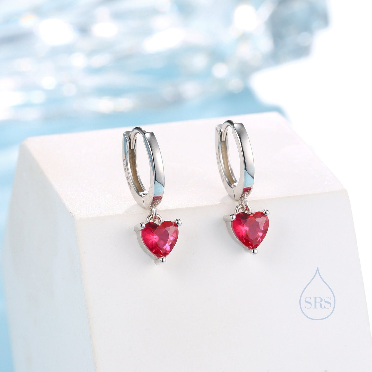 Ruby Red Heart CZ Huggie Hoop in Sterling Silver, Silver or Gold, 8mm Inner Diameter, Stacking Earrings, July Birthstone