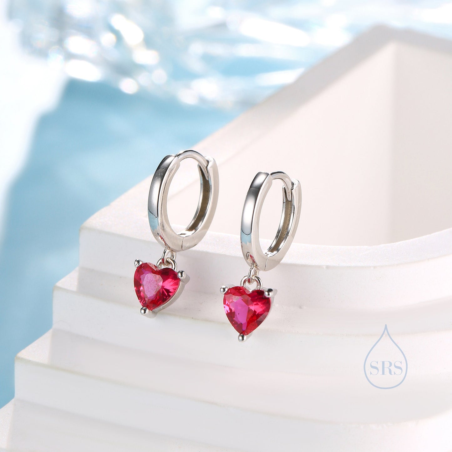 Ruby Red Heart CZ Huggie Hoop in Sterling Silver, Silver or Gold, 8mm Inner Diameter, Stacking Earrings, July Birthstone