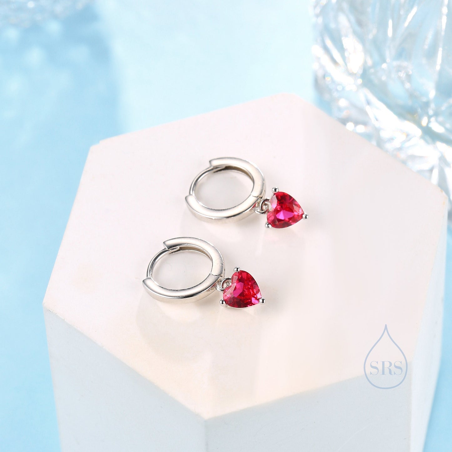 Ruby Red Heart CZ Huggie Hoop in Sterling Silver, Silver or Gold, 8mm Inner Diameter, Stacking Earrings, July Birthstone