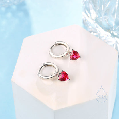 Ruby Red Heart CZ Huggie Hoop in Sterling Silver, Silver or Gold, 8mm Inner Diameter, Stacking Earrings, July Birthstone