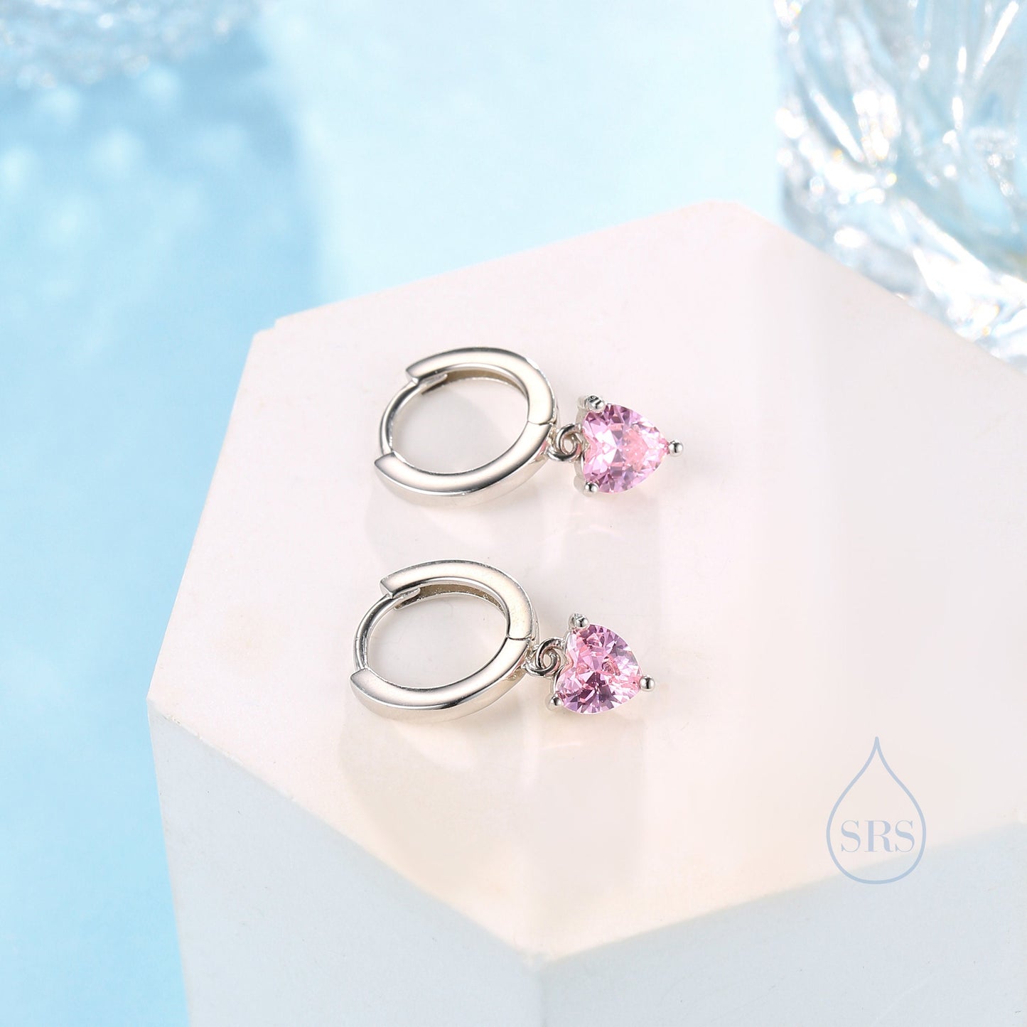 Pink Heart CZ Huggie Hoop in Sterling Silver, Silver or Gold, 8mm Inner Diameter, Stacking Earrings, October Birthstone