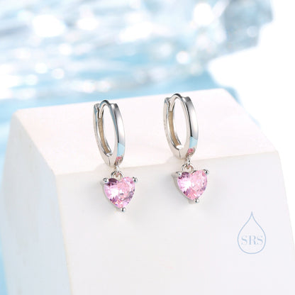 Pink Heart CZ Huggie Hoop in Sterling Silver, Silver or Gold, 8mm Inner Diameter, Stacking Earrings, October Birthstone