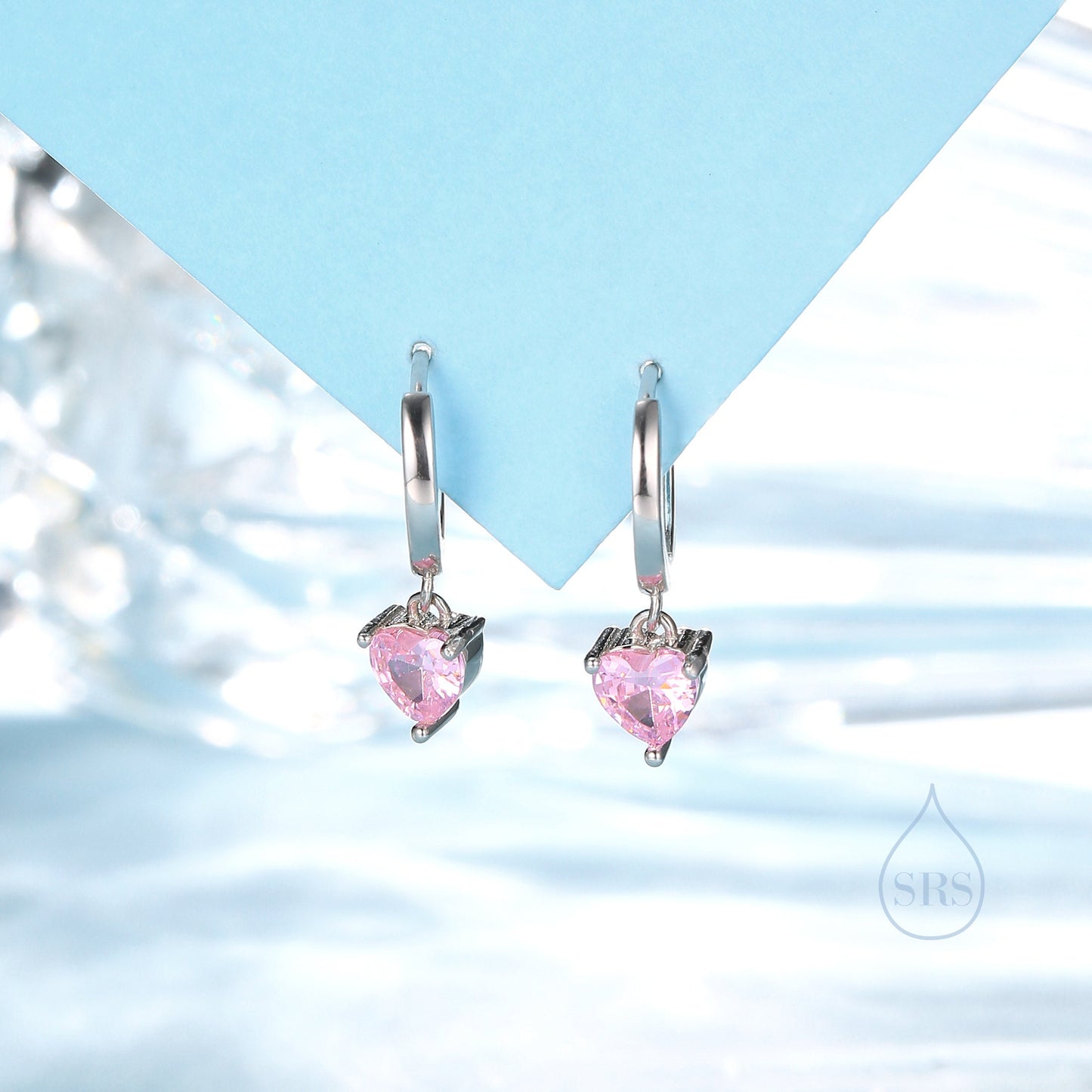 Pink Heart CZ Huggie Hoop in Sterling Silver, Silver or Gold, 8mm Inner Diameter, Stacking Earrings, October Birthstone