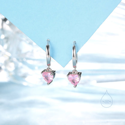 Pink Heart CZ Huggie Hoop in Sterling Silver, Silver or Gold, 8mm Inner Diameter, Stacking Earrings, October Birthstone