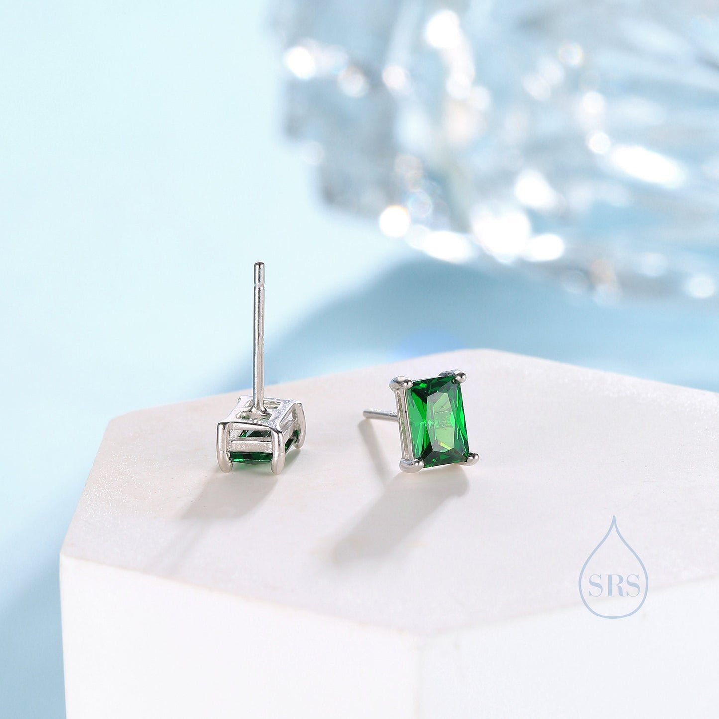 Emerald Cut Emerald Green CZ Stud Earrings in Sterling Silver, Rectangular Cut Crystal Earrings, May Birthstone