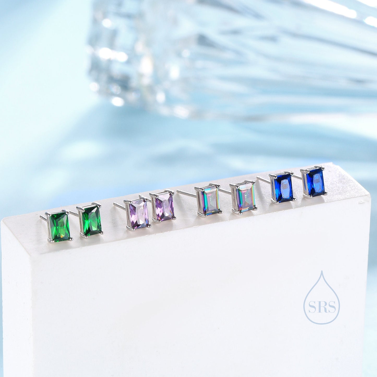 Emerald Cut Emerald Green CZ Stud Earrings in Sterling Silver, Rectangular Cut Crystal Earrings, May Birthstone