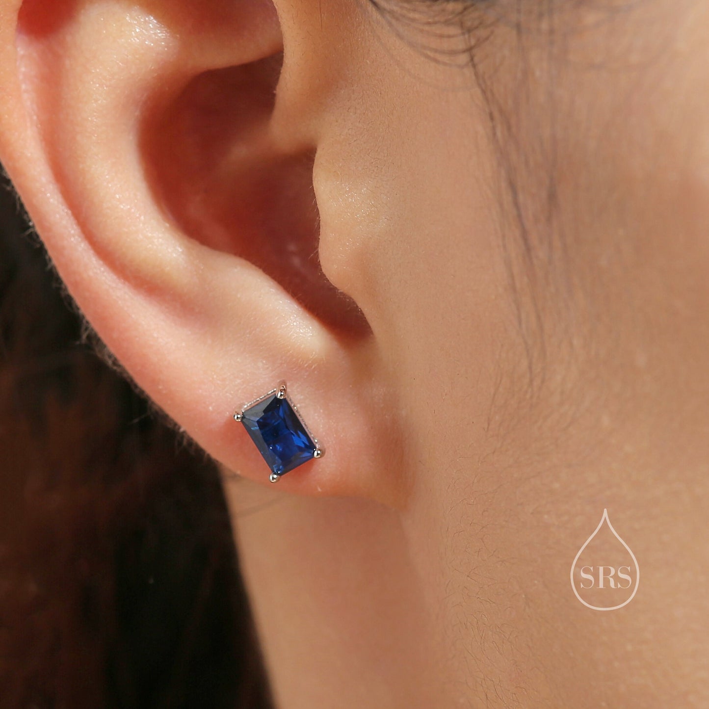 Emerald Cut Sapphire Blue CZ Stud Earrings in Sterling Silver, Rectangular Cut Crystal Earrings, September Birthstone