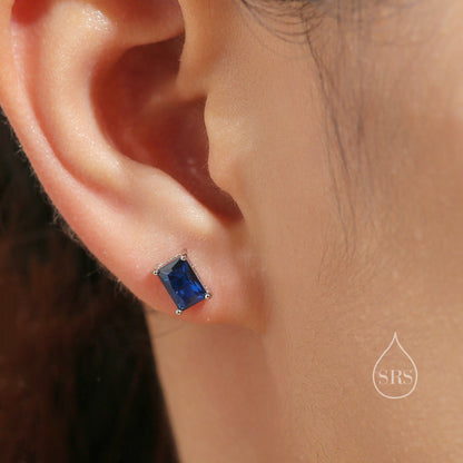 Emerald Cut Sapphire Blue CZ Stud Earrings in Sterling Silver, Rectangular Cut Crystal Earrings, September Birthstone