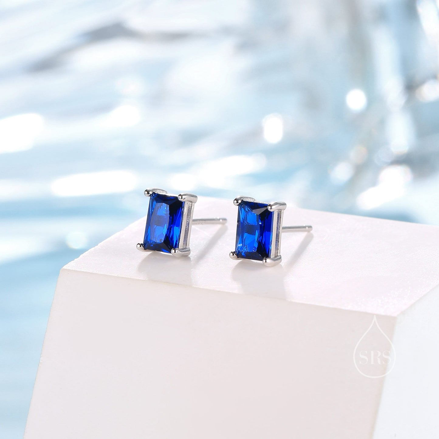 Emerald Cut Sapphire Blue CZ Stud Earrings in Sterling Silver, Rectangular Cut Crystal Earrings, September Birthstone