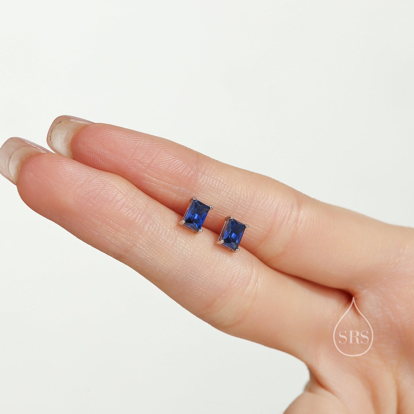 Emerald Cut Sapphire Blue CZ Stud Earrings in Sterling Silver, Rectangular Cut Crystal Earrings, September Birthstone