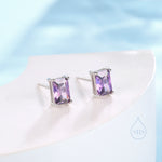 Emerald Cut Amethyst Purple CZ Stud Earrings in Sterling Silver, Rectangular Cut Crystal Earrings, February Birthstone