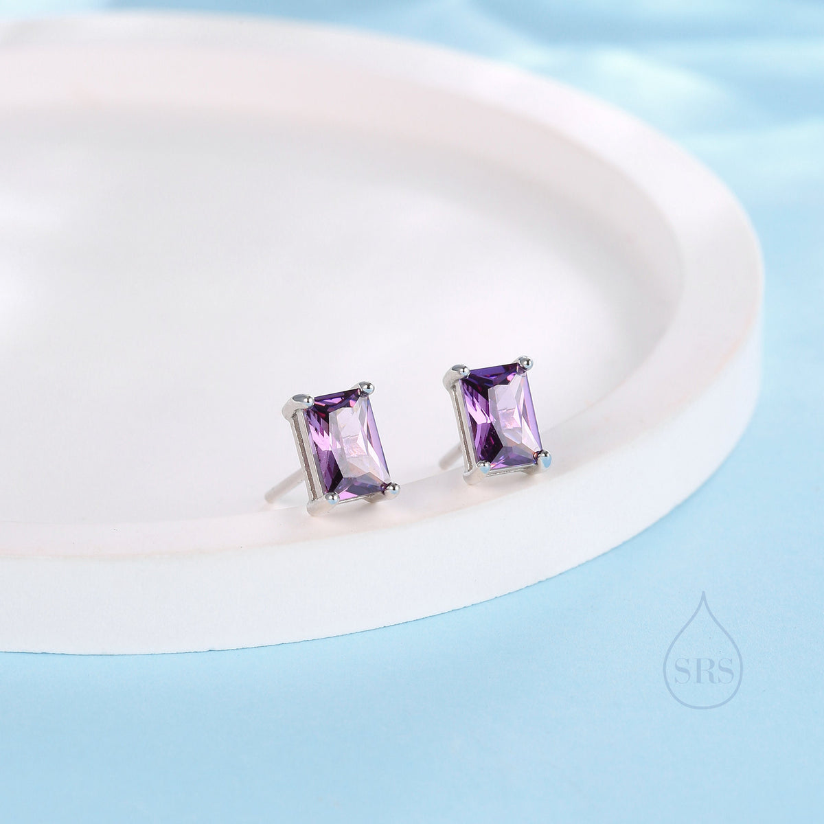 Emerald Cut Amethyst Purple CZ Stud Earrings in Sterling Silver, Rectangular Cut Crystal Earrings, February Birthstone