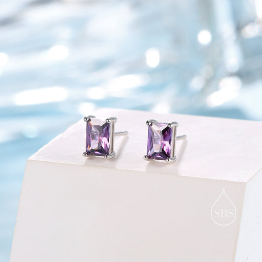 Emerald Cut Amethyst Purple CZ Stud Earrings in Sterling Silver, Rectangular Cut Crystal Earrings, February Birthstone