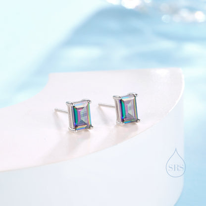 Emerald Cut Mystic Black CZ Stud Earrings in Sterling Silver, Rectangular Cut Crystal Earrings, Mystic Topaz