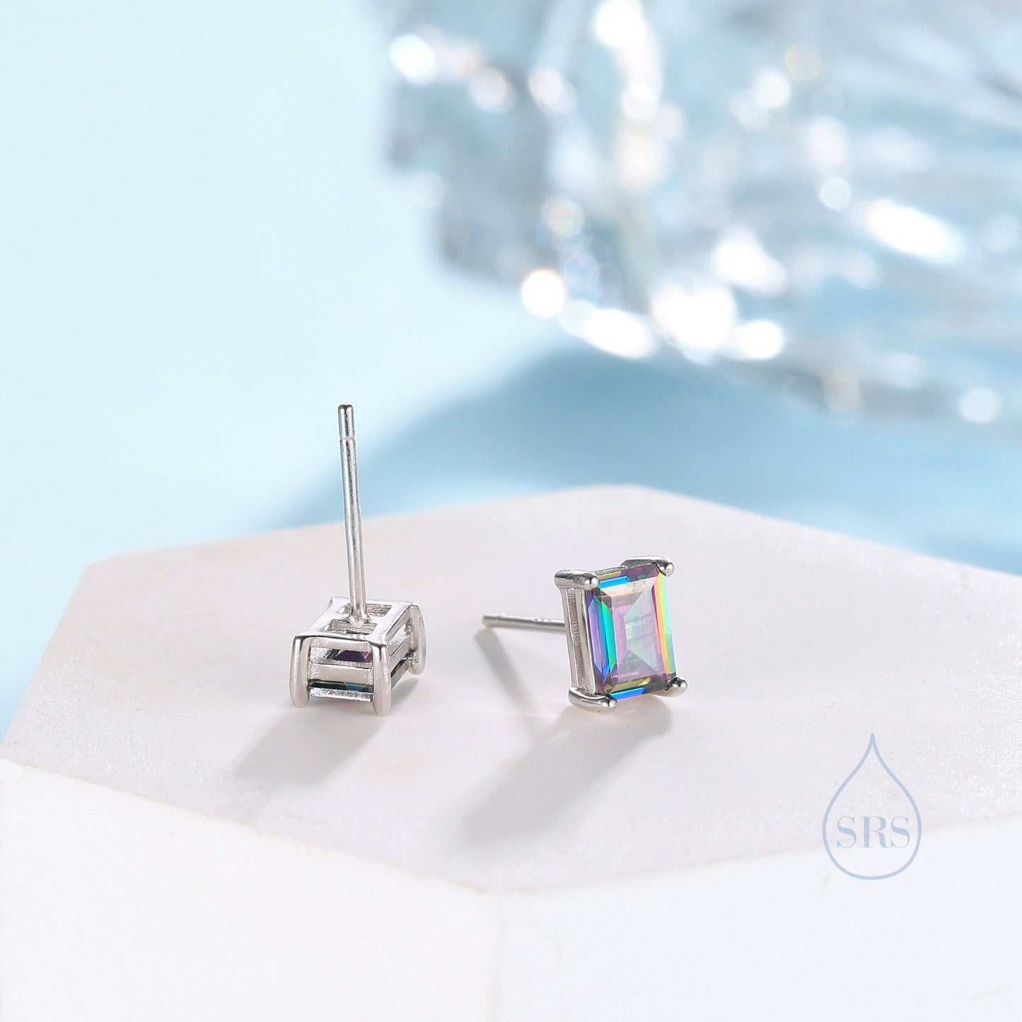 Emerald Cut Mystic Black CZ Stud Earrings in Sterling Silver, Rectangular Cut Crystal Earrings, Mystic Topaz