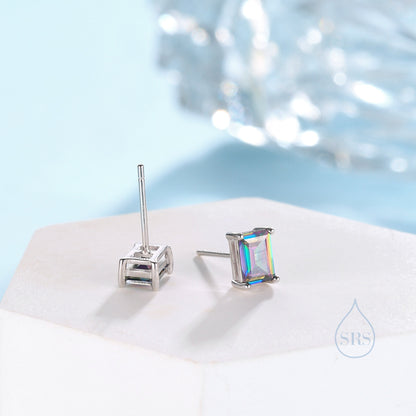 Emerald Cut Mystic Black CZ Stud Earrings in Sterling Silver, Rectangular Cut Crystal Earrings, Mystic Topaz