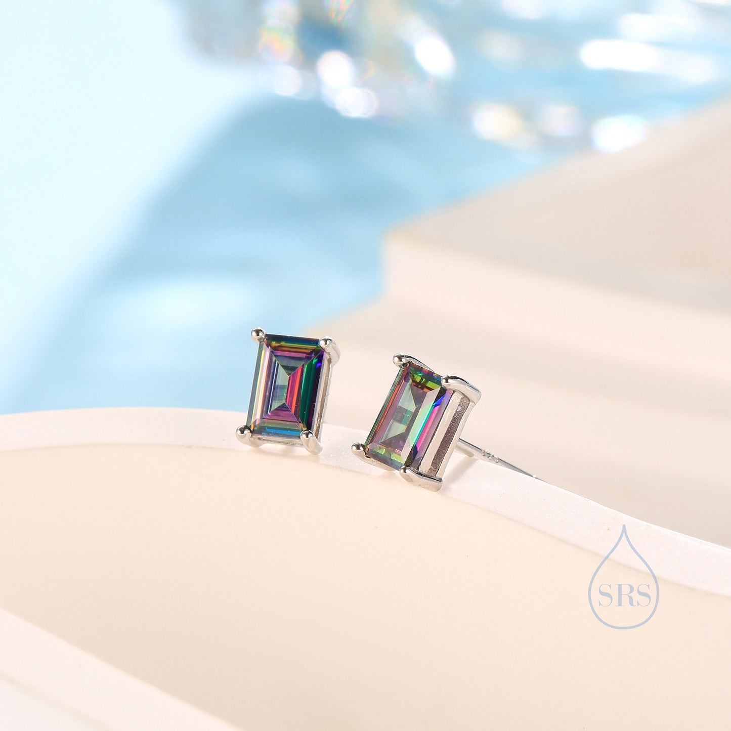 Emerald Cut Mystic Black CZ Stud Earrings in Sterling Silver, Rectangular Cut Crystal Earrings, Mystic Topaz