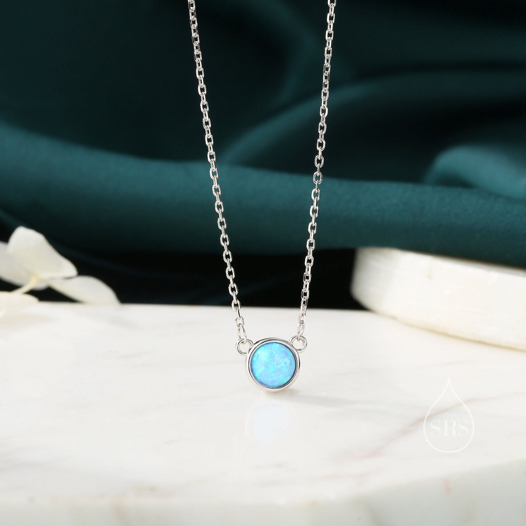 Sterling Silver Cosmic Blue Opal Dainty Coin Pendant Necklace - Delicate Crystal Coin Necklace