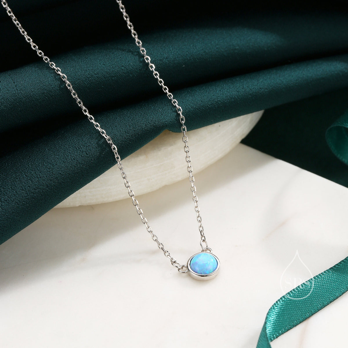 Sterling Silver Cosmic Blue Opal Dainty Coin Pendant Necklace - Delicate Crystal Coin Necklace