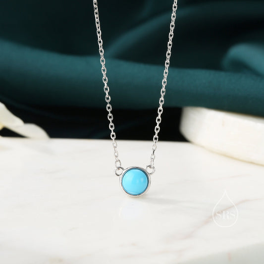 Sterling Silver Genuine Turquoise Dainty Coin Pendant Necklace - Delicate Blue Turquoise Stone Coin Necklace