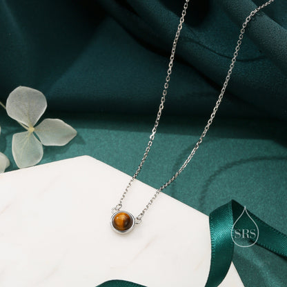 Sterling Silver Genuine Tiger&#39;s Eye Dainty Coin Pendant Necklace - Delicate Tiger Eye Stone Coin Necklace