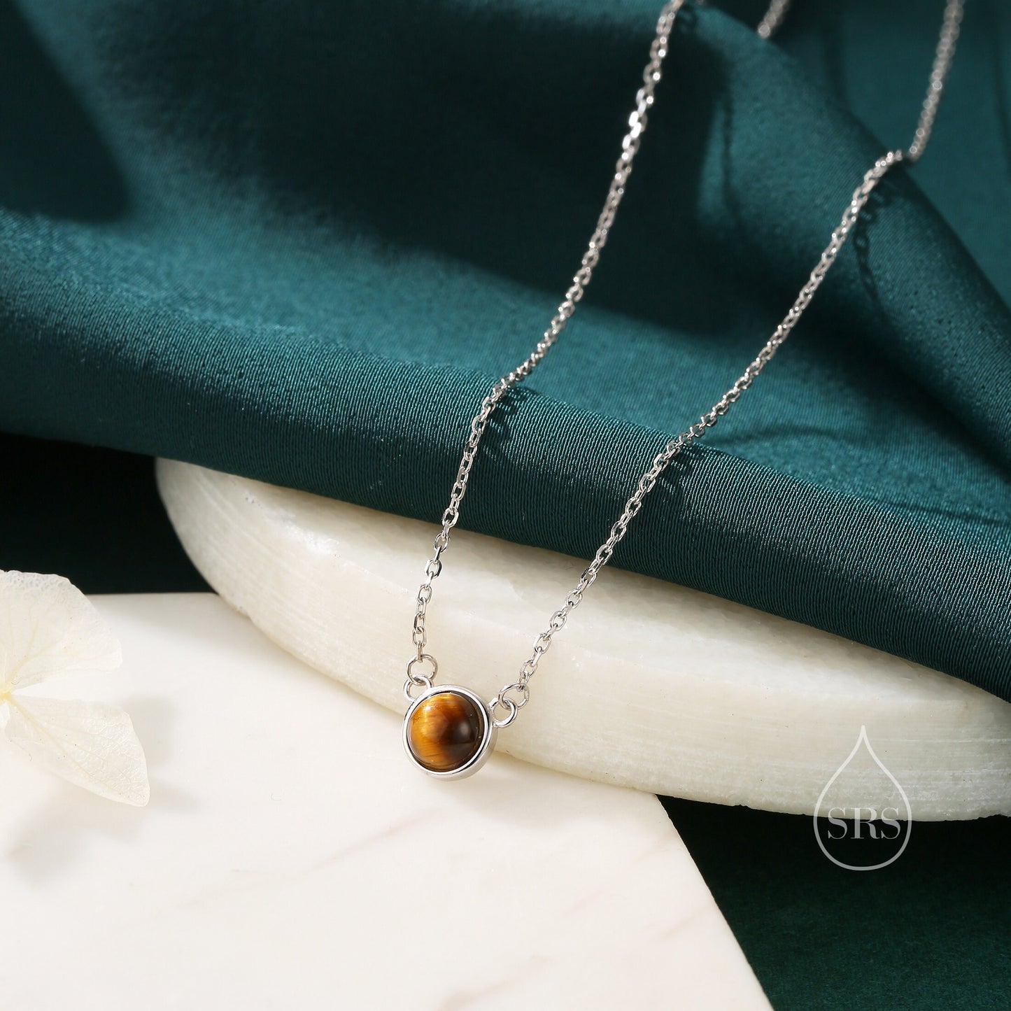 Sterling Silver Genuine Tiger&#39;s Eye Dainty Coin Pendant Necklace - Delicate Tiger Eye Stone Coin Necklace