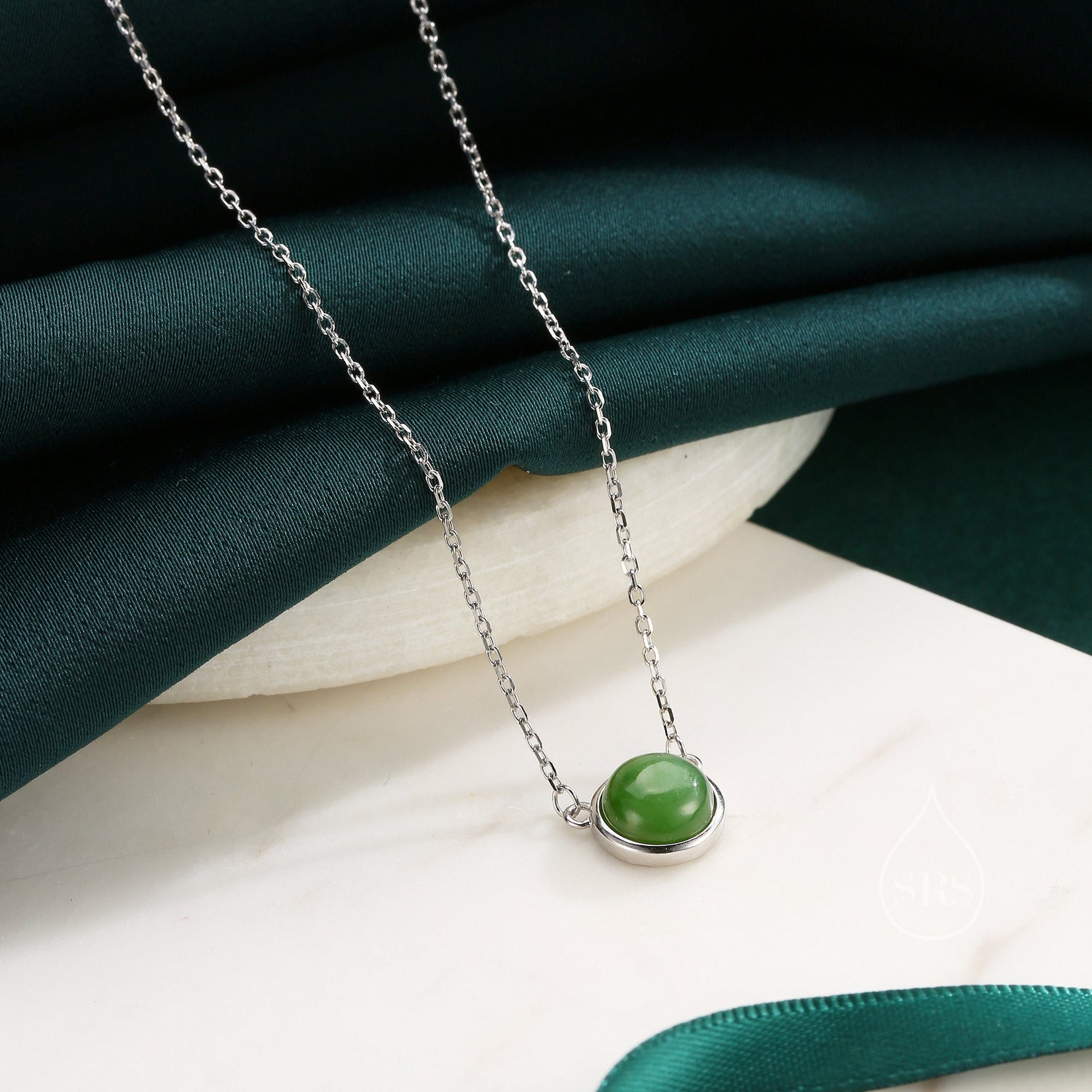 Sterling Silver Genuine Jasper Jade Dainty Coin Pendant Necklace - Delicate 8mm Jade Stone Coin Necklace